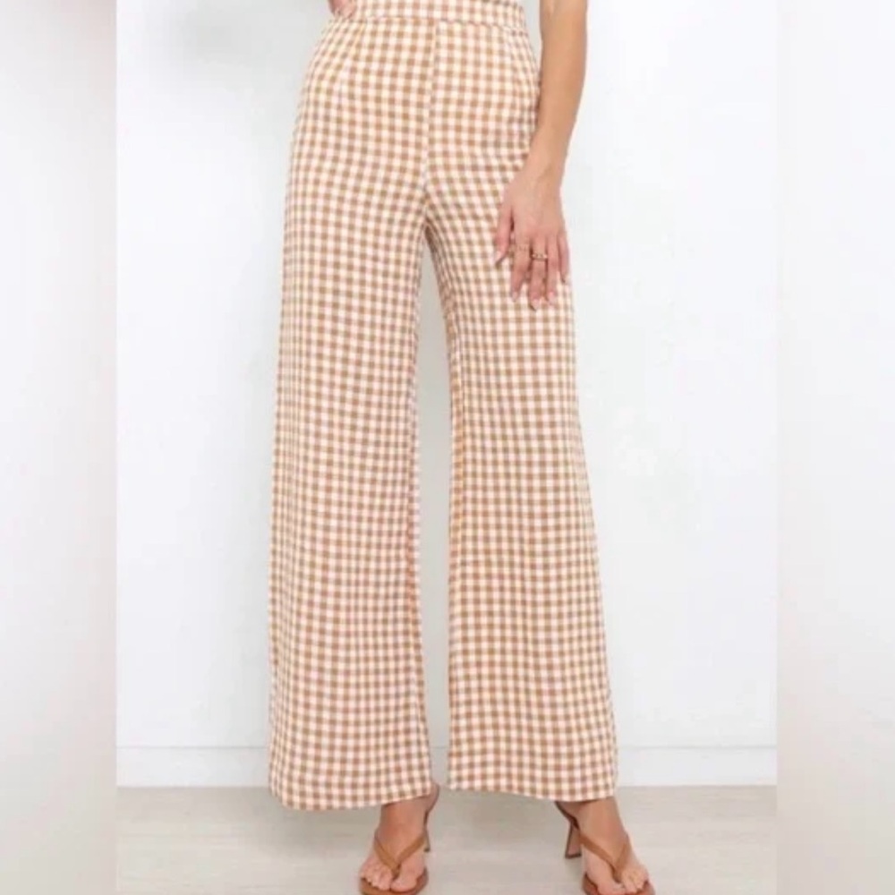 Petal & Pup Beige and White Gingham Wide-Leg Pants